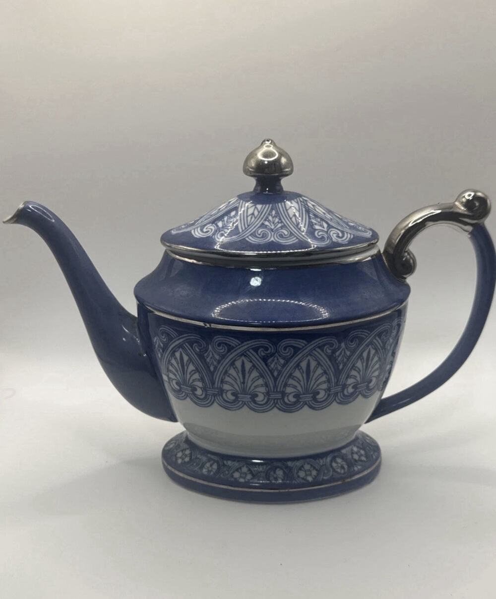Vintage Bombay Co Blue & White Porcelain Teapot - Arabesque Tile & Platinum Trim